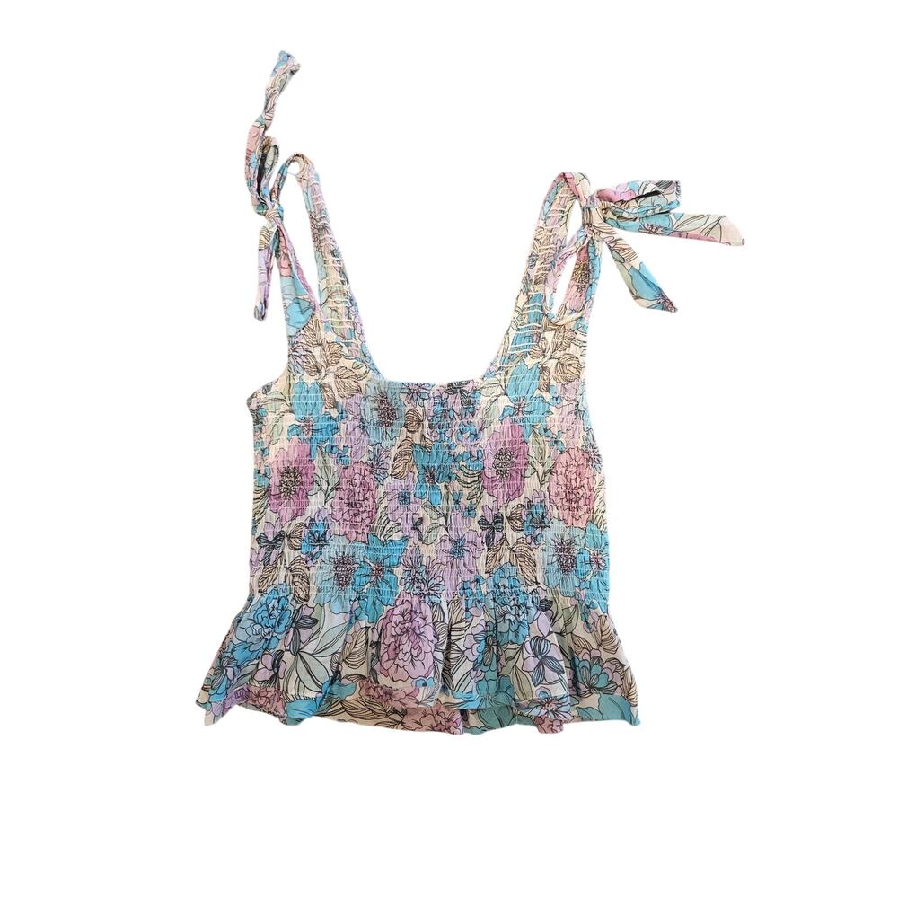 Olivaceous smocked cropped ruffle peplum tank purple floral medium tie shoulder